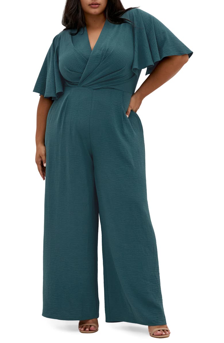 City Chic Braelynn Flutter Sleeve Jumpsuit, Main, color, Emerald