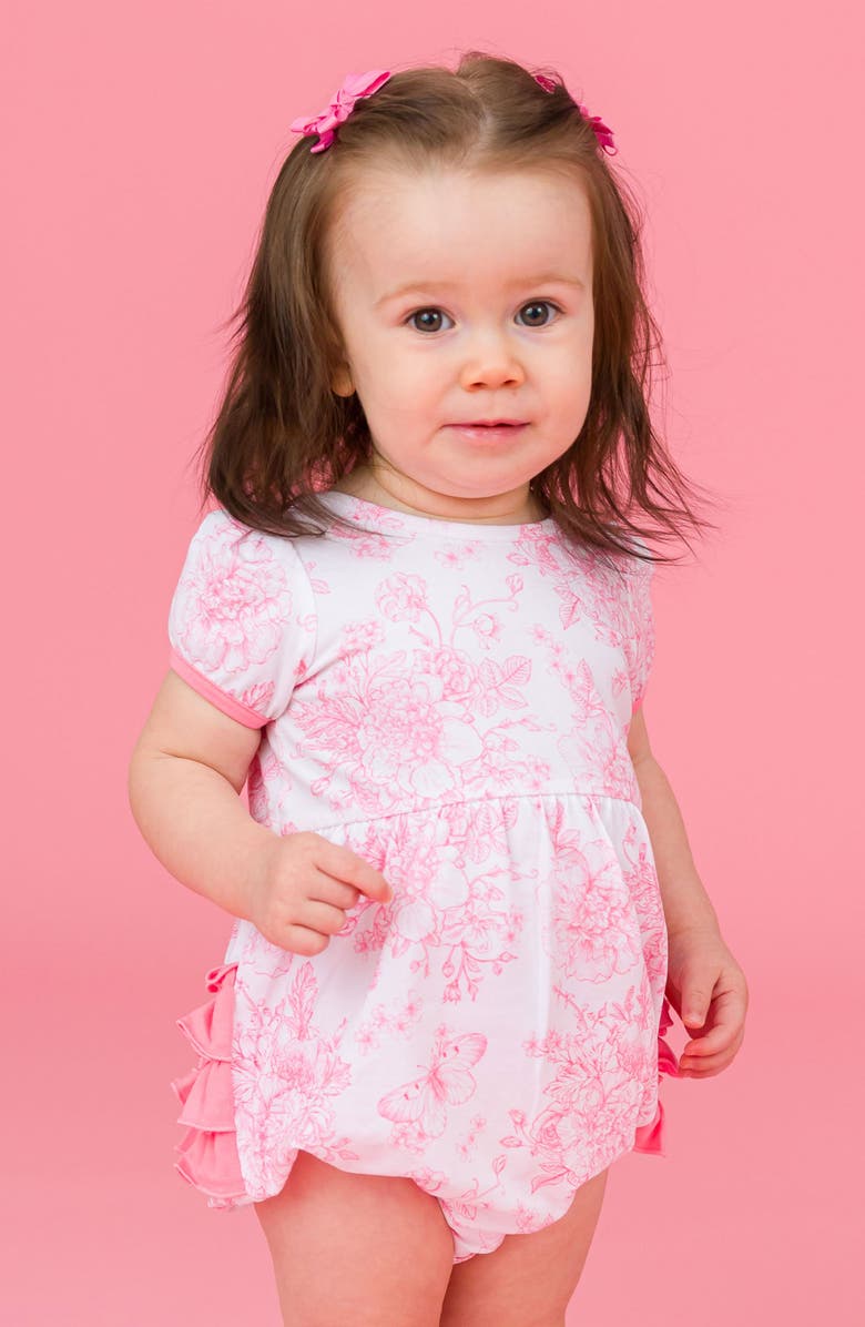 RuffleButts Butterfly Garden Toile Bubble Romper & Head Wrap Set, Alternate, color, 