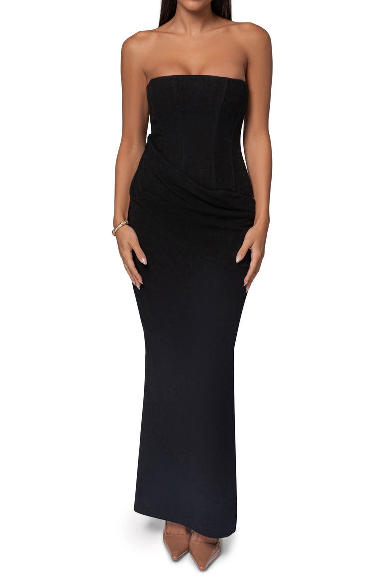 Journey Strapless Cotton & Linen Maxi Dress, Main, color, BLACK