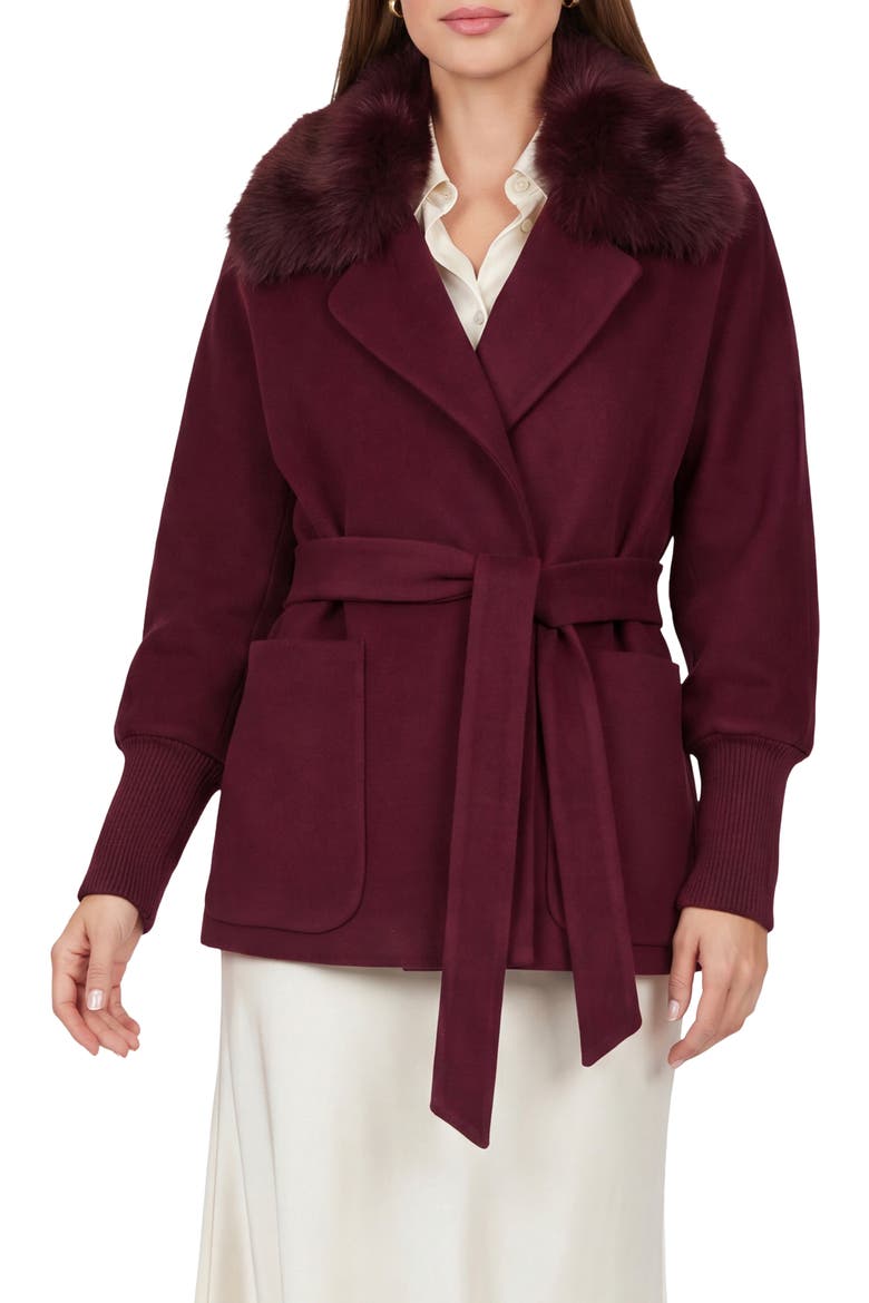 Fabric Jacket with Detachable Genuine Shearling  Collar, Belt, Alternate, color, BURGUNDY