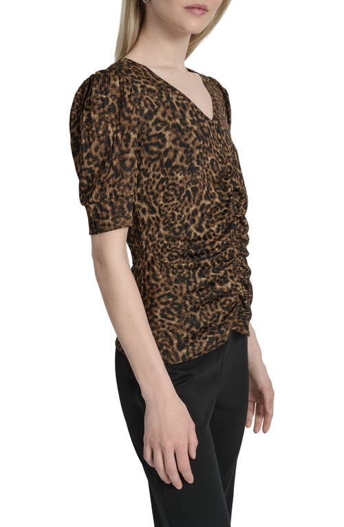 Dkny Print Ruched Puff Sleeve Top In Brown