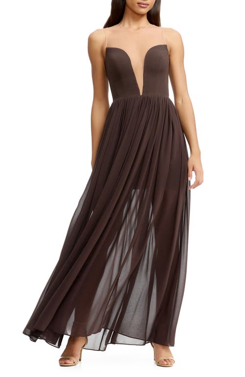 Dress The Population Eleanor Illusion Neck Gown In Brown