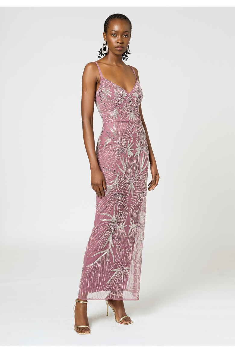 Occasion Embellished Sequin Beaded Adjustable Strap Evening Dress, Alternate, color, MAUVE