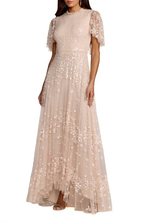 Sequined High Neck Flutter Sleeve A Line Gown