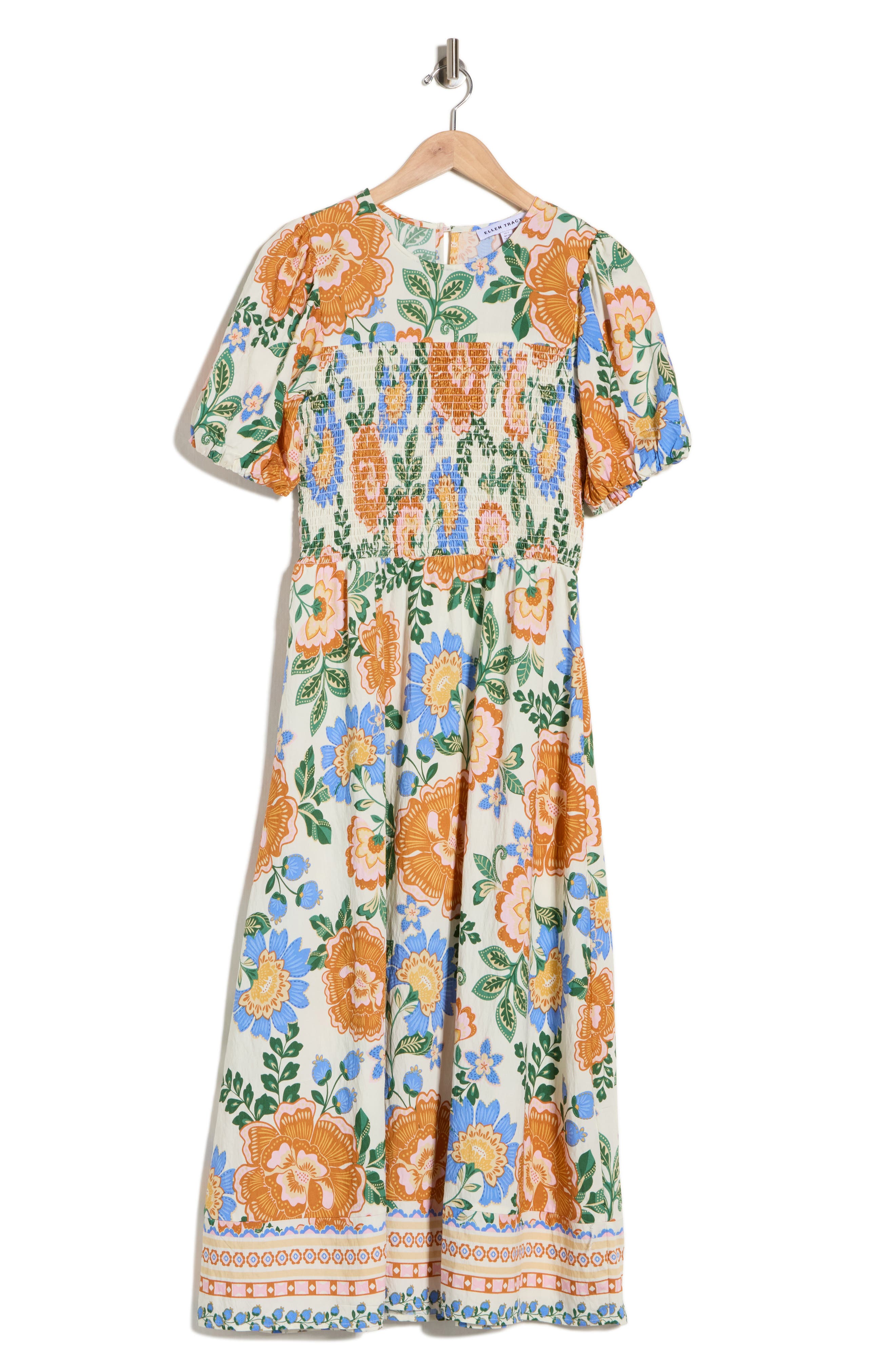 Ellen Tracy Floral Puff Sleeve Smocked A-Line Midi Dress