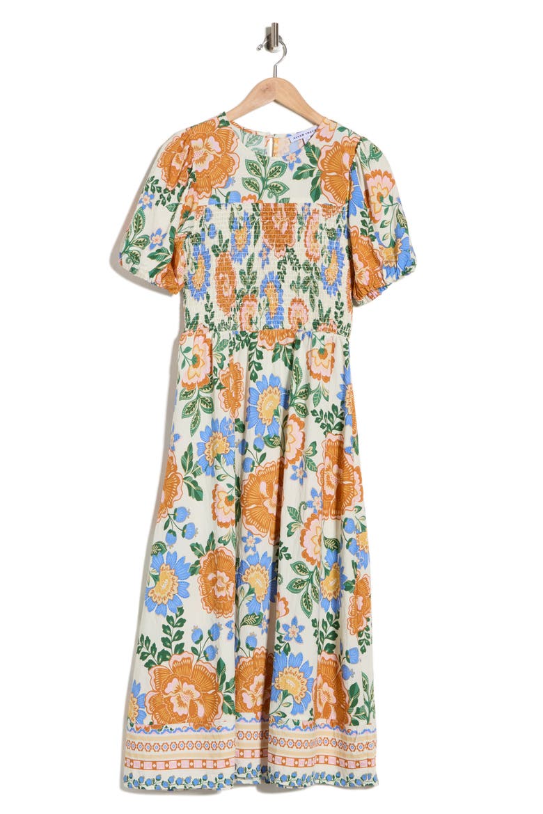 Floral Puff Sleeve Smocked A-Line Midi Dress, Alternate, color, MARSHMALLOW SUMMER BLOOMS