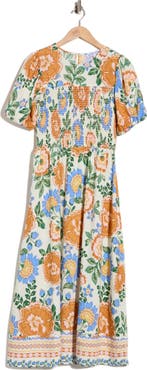 Ellen Tracy Floral Puff Sleeve Smocked A-Line Midi Dress