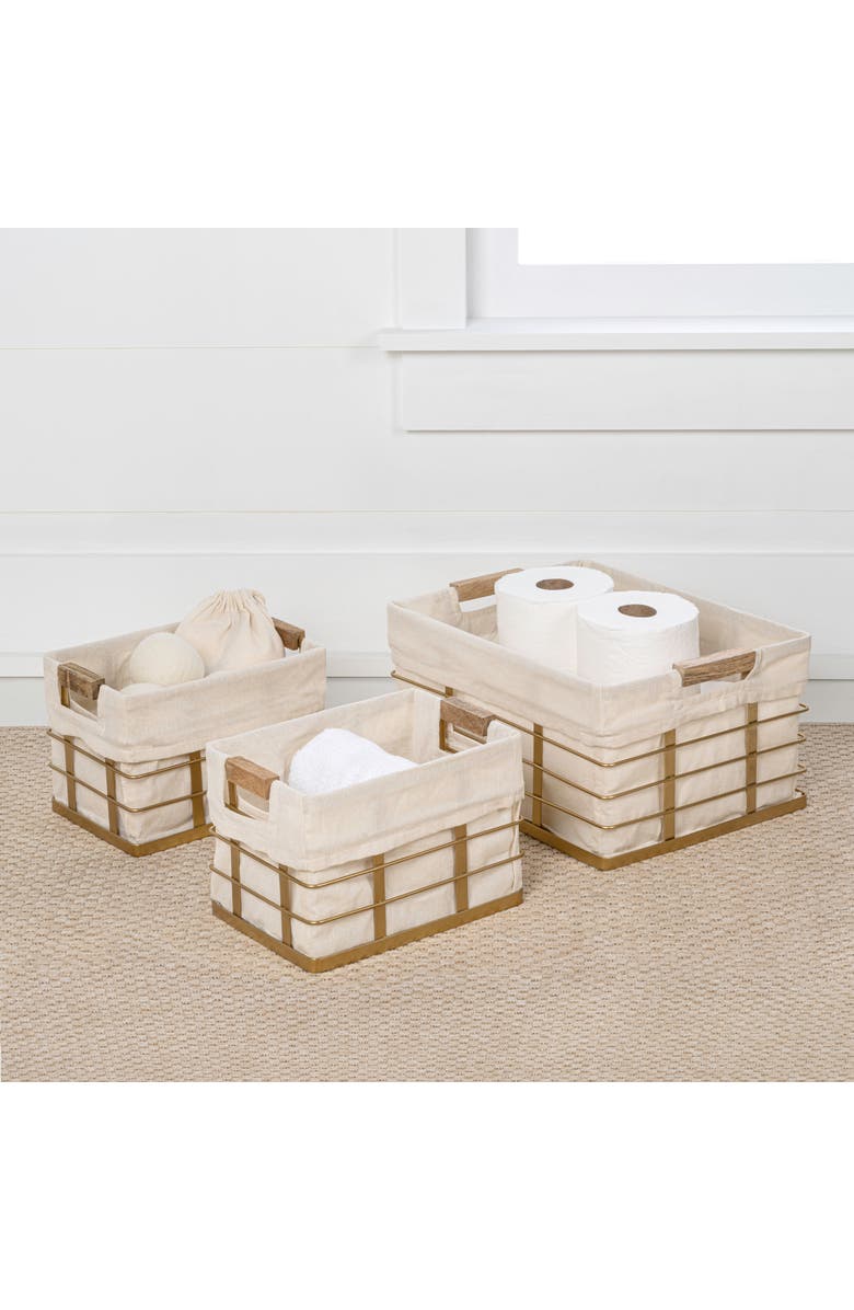 HAPPIMESS Callan Vintage Industrial Handmade Wire Metal Nesting Storage Baskets with Wood Handles and Fabric Liner, Alternate, color, Gold