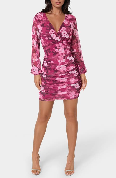 Long Sleeve Ruched Faux Wrap Minidress