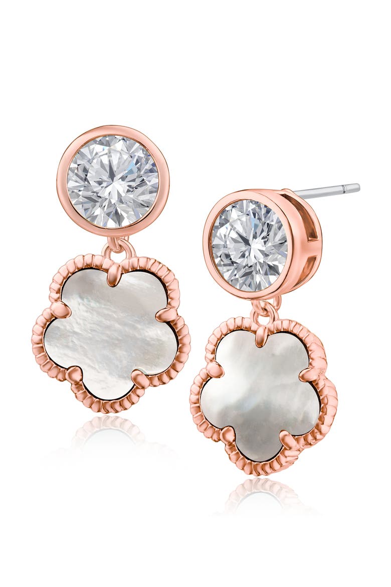 Cubic Zirconia & Synthetic Mother-of-Pearl Clover Drop Earrings, Main, color, MOP/CLEAR ROSE GOLD