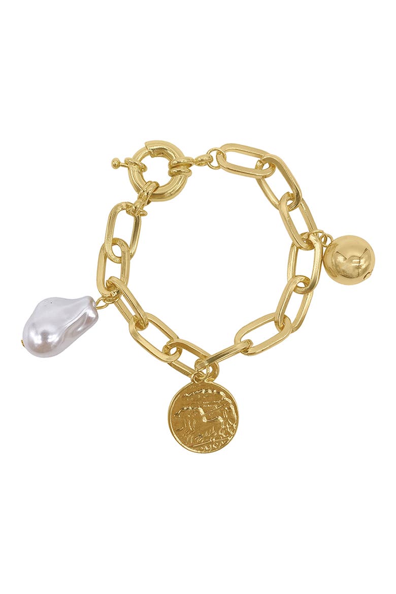 14K Gold Plate Imitation Pearl & Coin Chain Bracelet, Main, color, GOLD