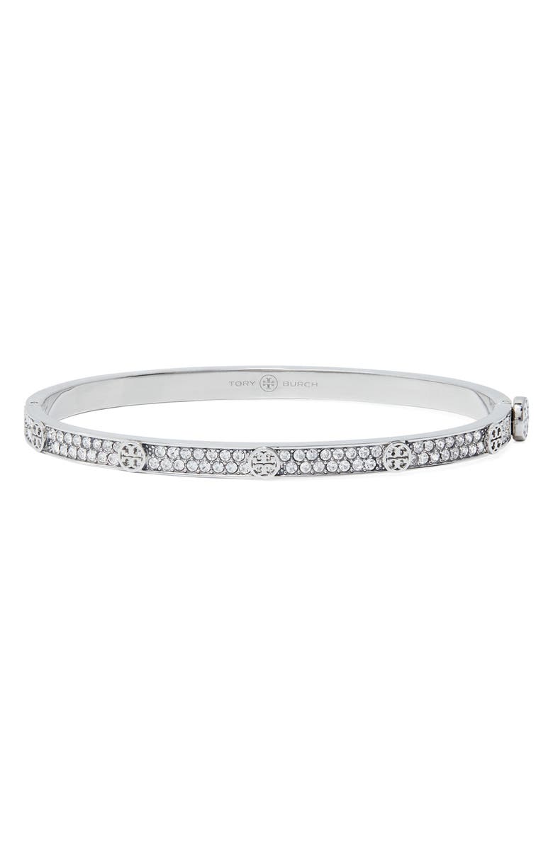 Tory Burch Thin Icon Pave Hinge Bracelet, Main, color, Tory Silver / Crystal