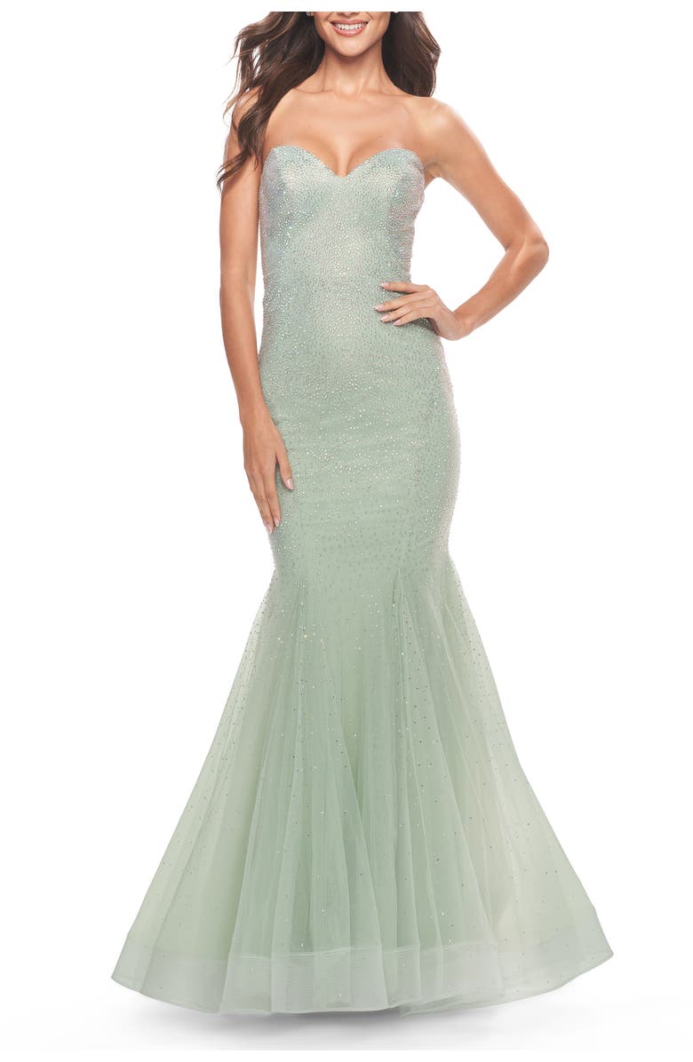 La Femme Rhinestone Mermaid Prom Dress with Sweetheart Neckline, Main, color, Sage