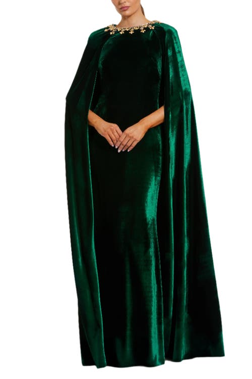 Mac Duggal Cape Gown With Embellished Neckline In Green
