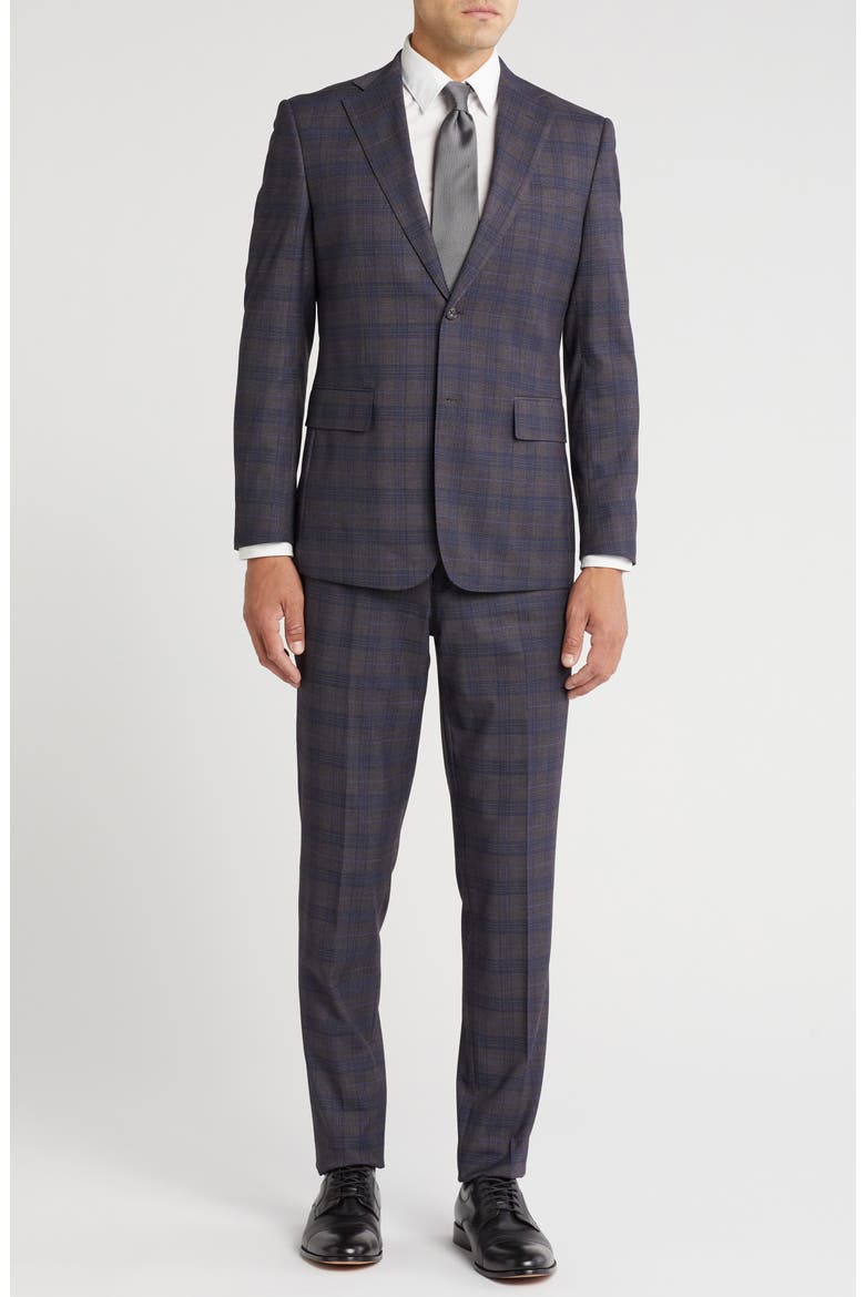 Plaid Trim Fit Notch Lapel Two-Piece Suit, Main, color, BROWN