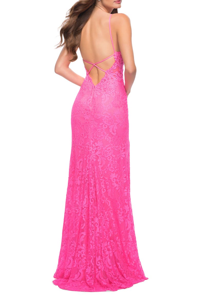 Stretch Lace Prom Dress in Neon Pink, Alternate, color, NEON PINK
