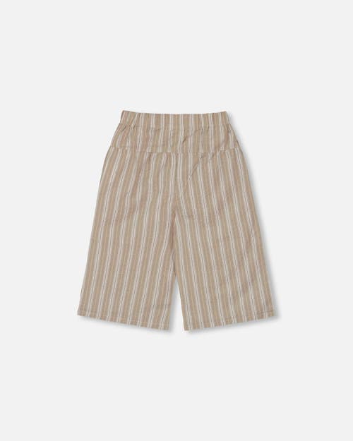 Deux Par Deux Little Girl's Wide Leg Capri Linen Pant White And Sage Striped In White And Sage Striped