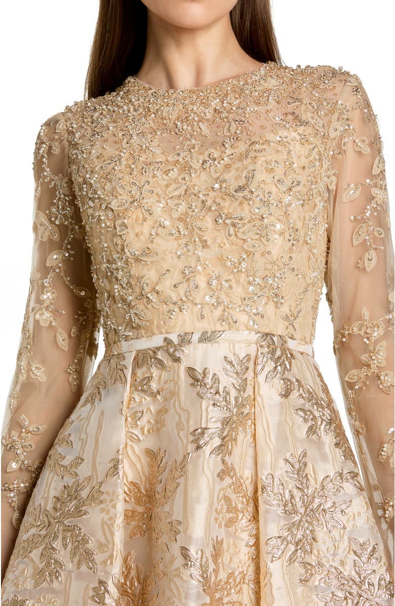 Mac Duggal Long Sleeve Beaded Mesh Brocade Skirt Ballgown, Alternate, color, Light Gold