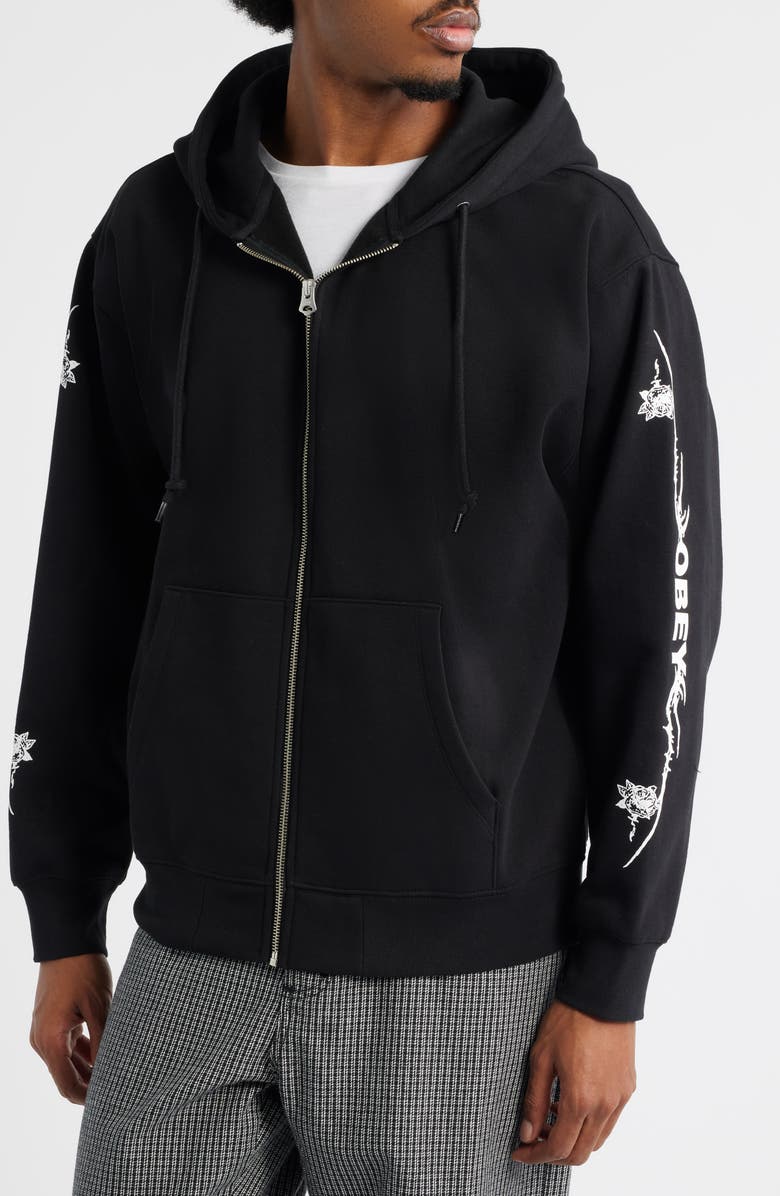 Obey Rose Cotton Blend Graphic Zip Hoodie, Alternate, color, Black