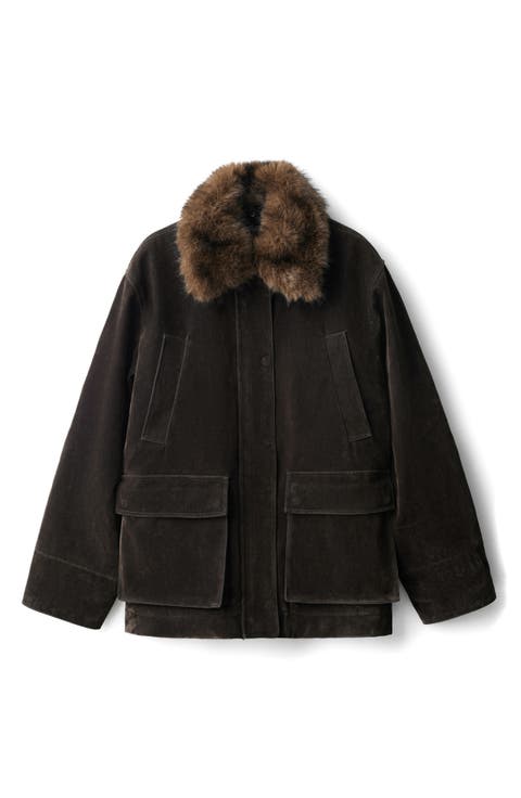 Velvet Finish Coat with Removable Faux-Fur Collar