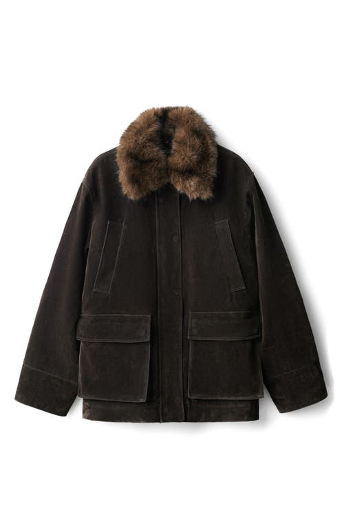 Mango Velvet Finish Coat With Removable Faux-fur Collar In Brown