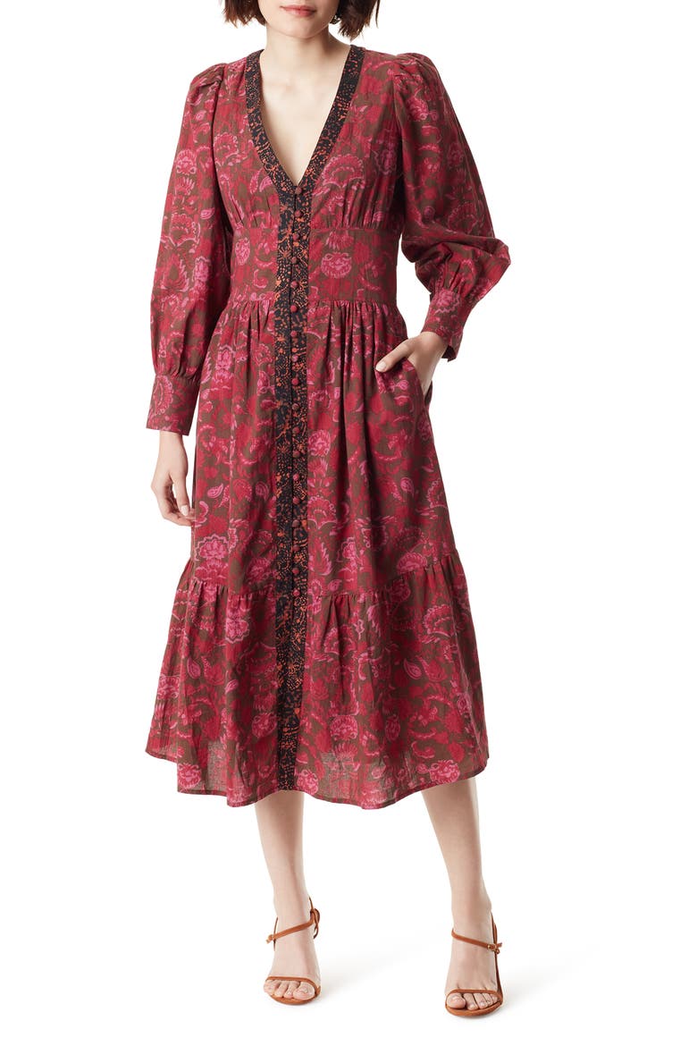 Ramsey Print Long Sleeve Midi Dress, Main, color, DOWNTOWN BROWN - FOLD STAMP