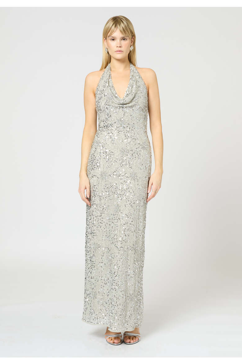 Embellished Sequin Beaded Maxi Dress With V Cowl Neck, Main, color, LIGHT GREY