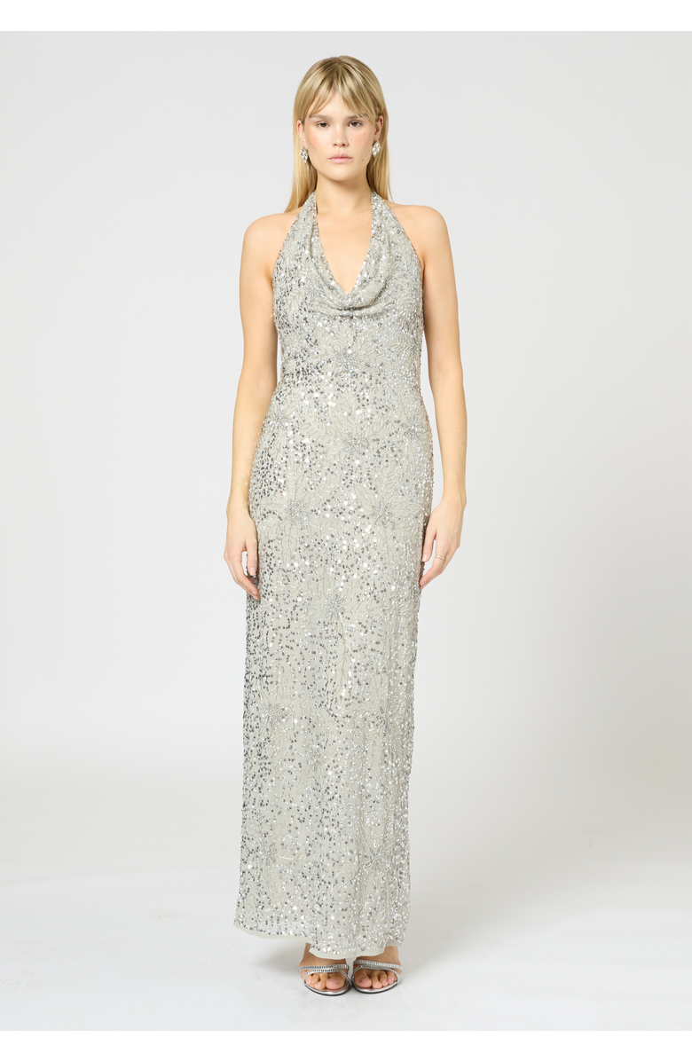 BEAUUT Embellished Sequin Beaded Maxi Dress With V Cowl Neck, Main, color, Light Grey