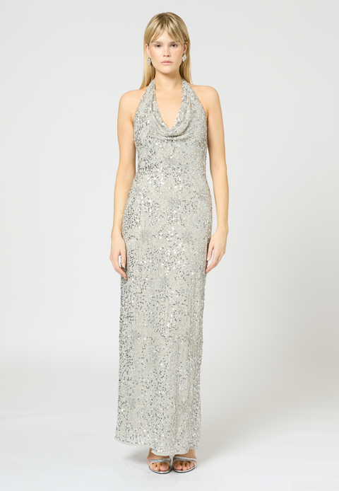 Embellished Sequin Beaded Maxi Dress With V Cowl Neck