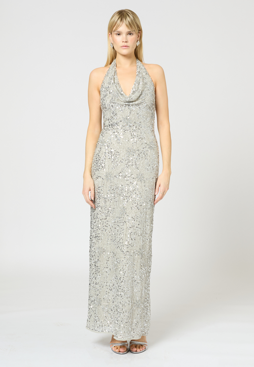 Beauut Embellished Sequin Beaded Maxi Dress With V Cowl Neck In Gray