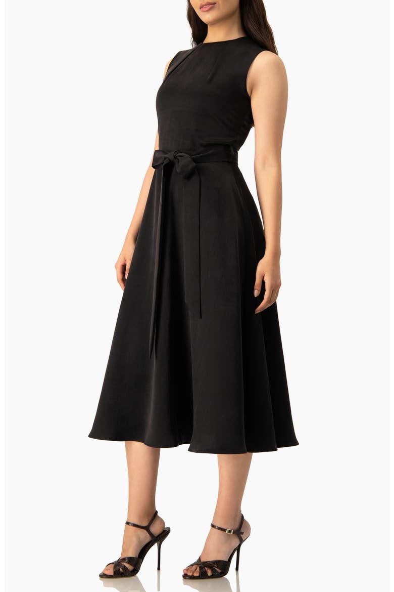 Sleeveless Tie-Waist A-Line Midi Fit-and-Flare Dress with Sash Belt, Alternate, color, Black