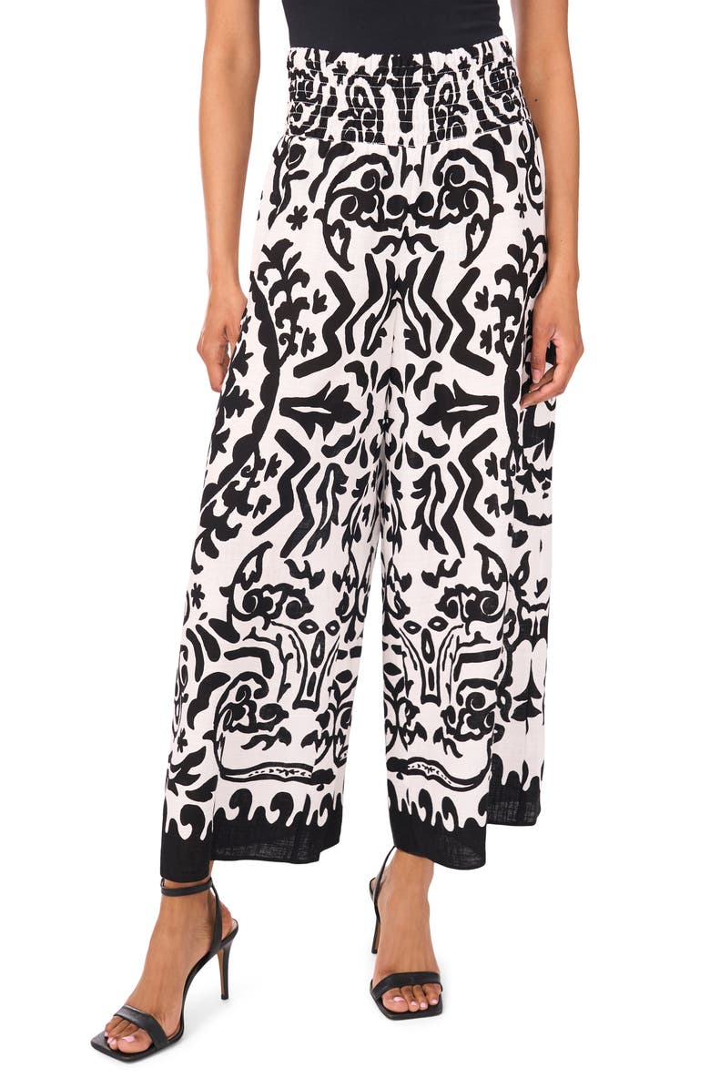 Vince Camuto Printed Smocked Waist Wide Leg Pants, Main, color, Rich Black Black Ivory Print