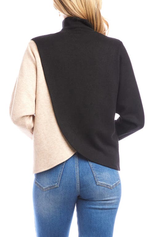Karen Kane Colorblock Turtleneck Crossover Hem Knit Top In Black