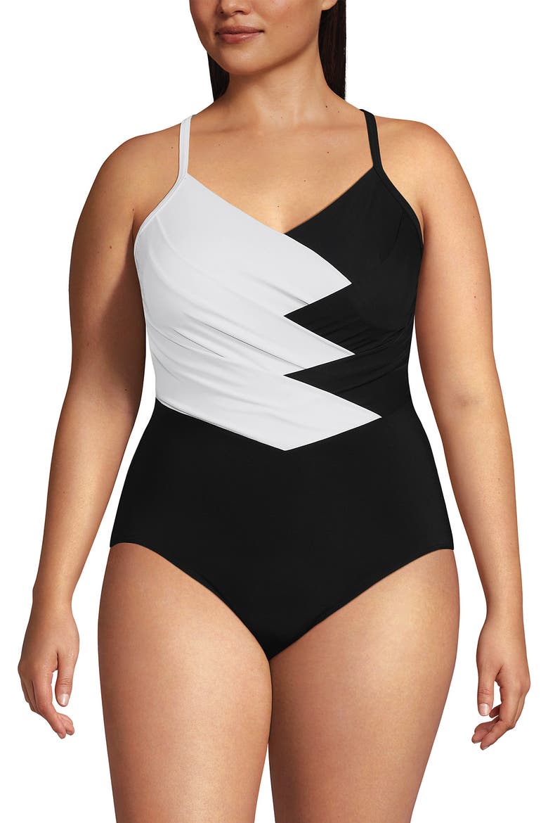 Slender Suit V-neck Pleated X-back One Piece Swimsuit Adjustable Straps, Main, color, Black/White