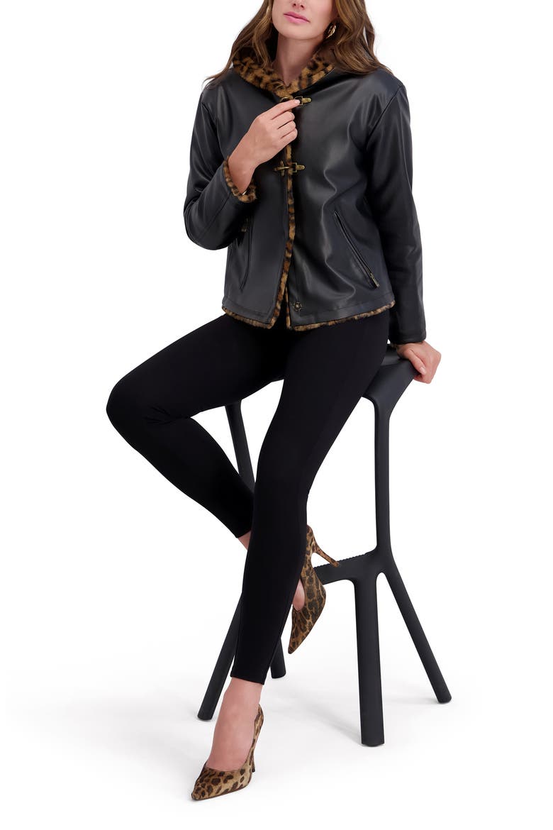 Faux Fur Lined Faux Leather Hooded Jacket, Alternate, color, BLACK