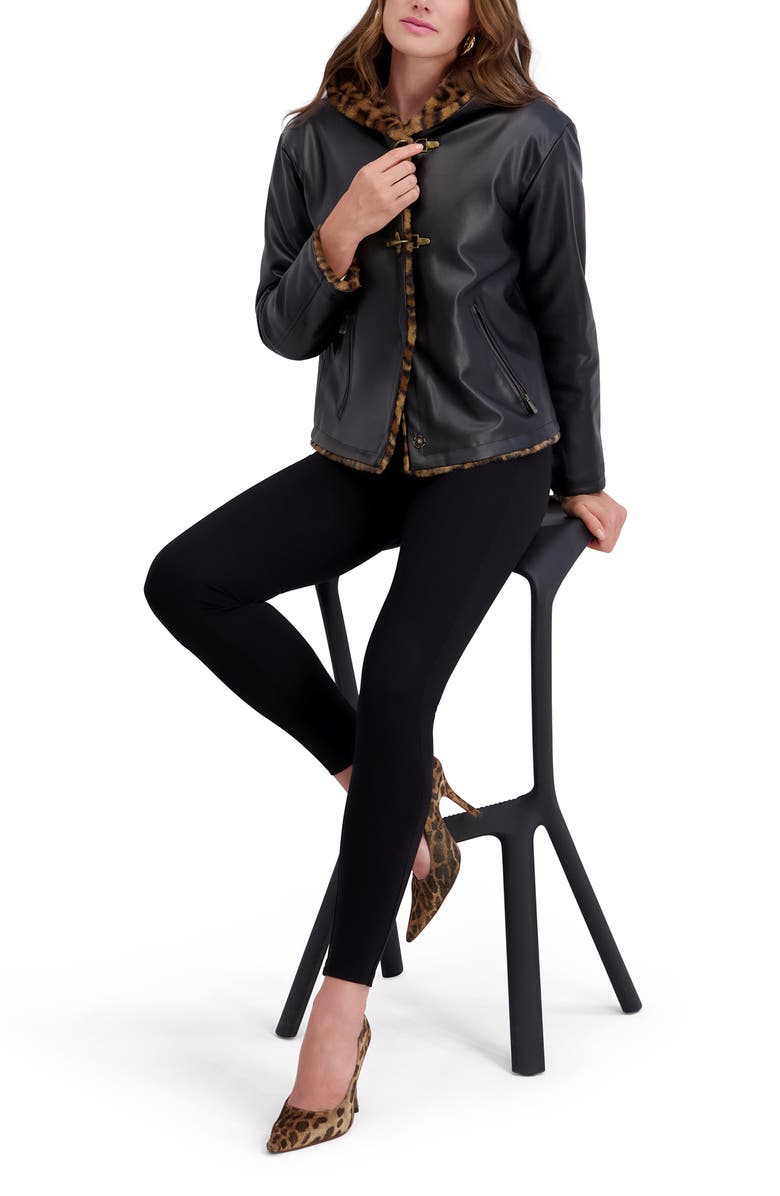 Kensie Faux Fur Lined Faux Leather Hooded Jacket, Alternate, color, Black