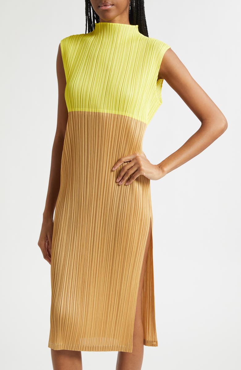 Pleats Please Issey Miyake Swing Colorblock Pleated Convertible Midi Dress, Alternate, color, Yellow