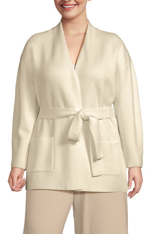 Lands' End Fine Gauge Milano Belted Long Line Cardigan Sweater In Fresh Ivory