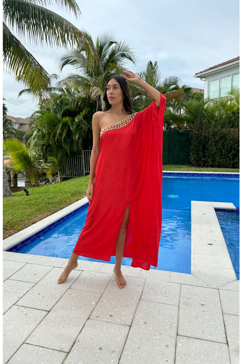 Embellished One-Shoulder Long Sleeve Cover-Up Dress, Alternate, color, RED