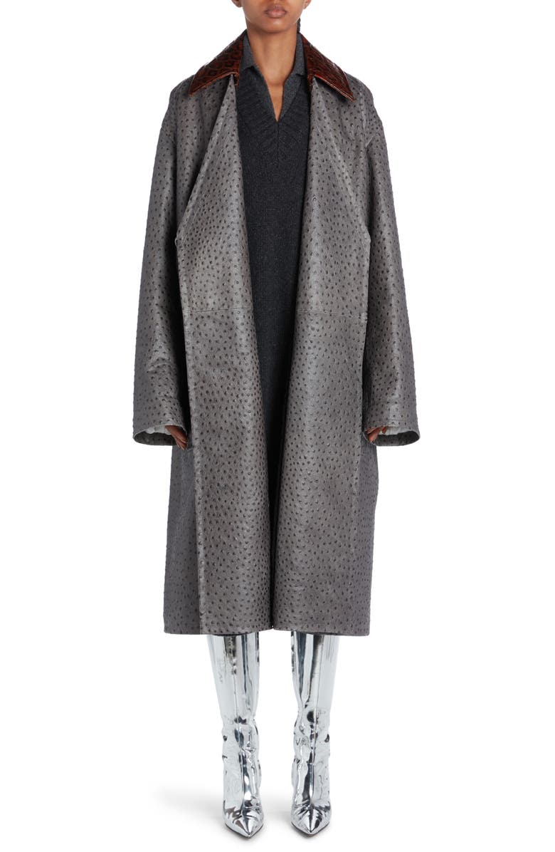 Bottega Veneta Ostrich Embossed Leather Belted Coat, Alternate, color,