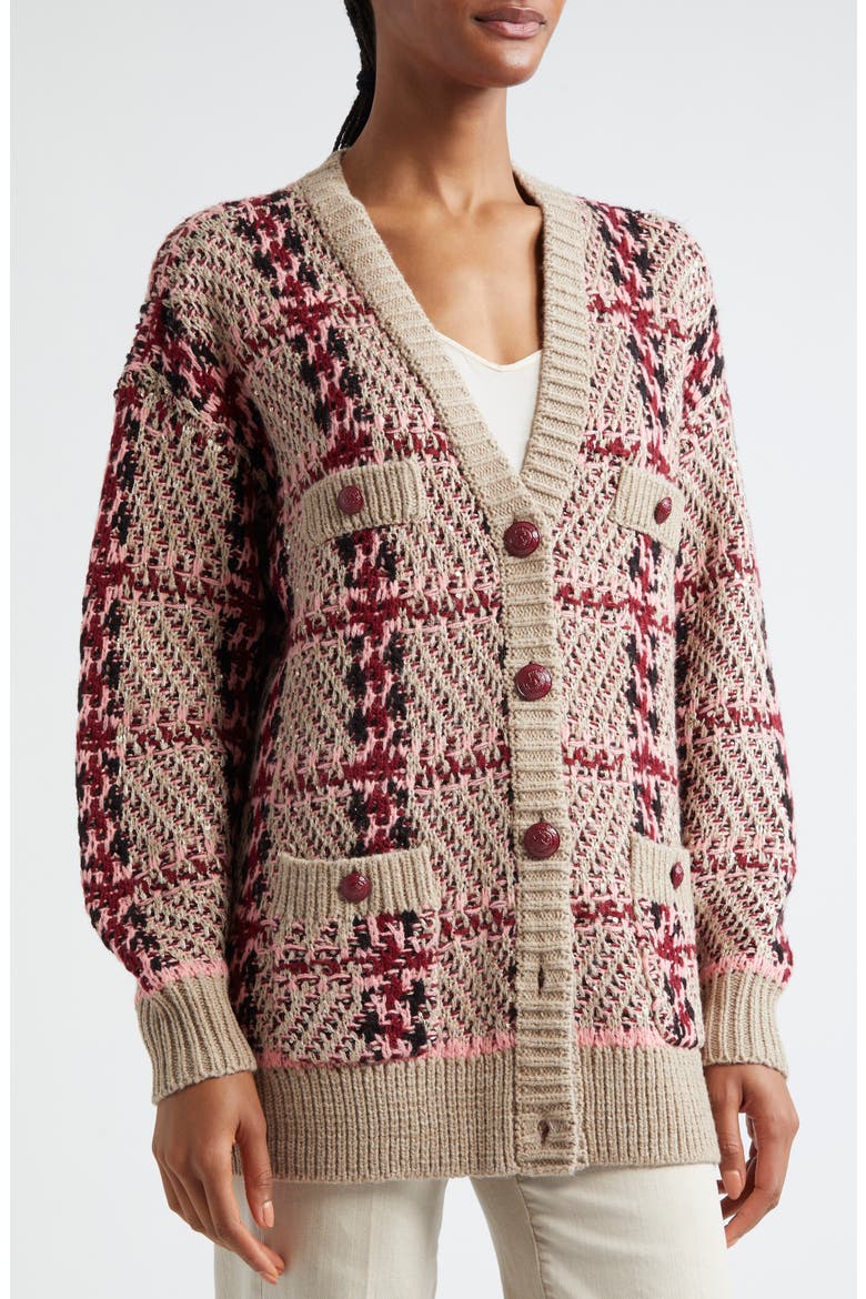 Maci Sequin Houndstooth Cardigan, Alternate, color, NATURAL SEQUIN MULTI