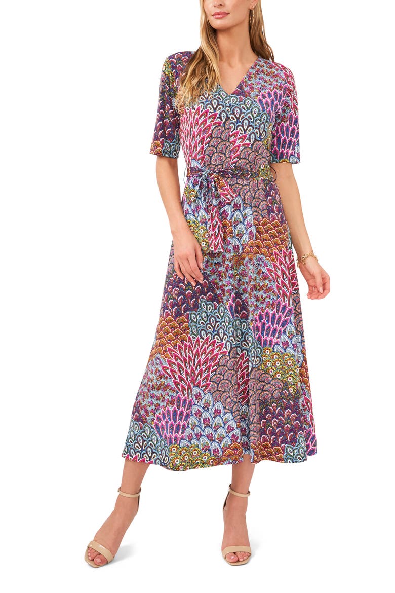 Floral Mix Print Wrap Front Midi Dress, Main, color, YELLOW SUNLIGHT