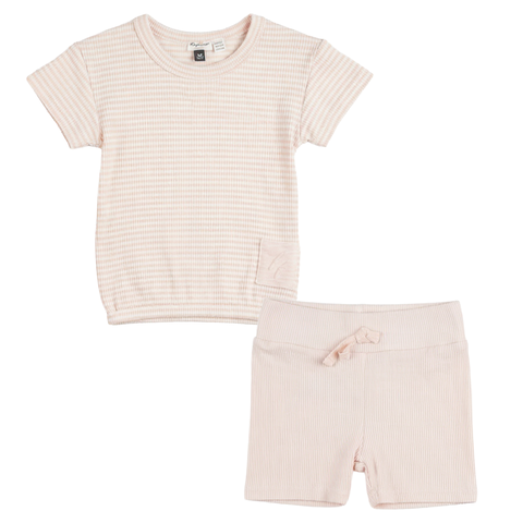 Girl Stripe Rib Short Sleeve Top and Knot Shorts Set