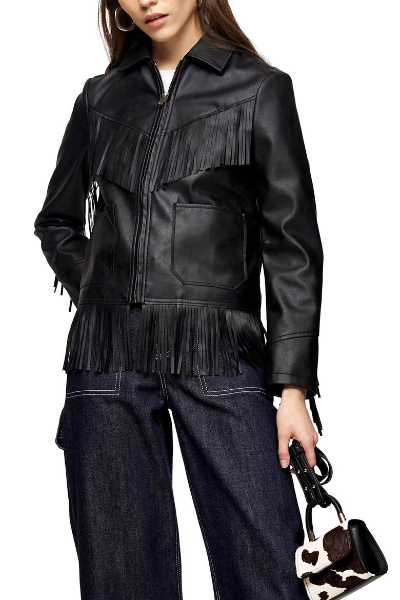 Fringe Trim Faux Leather Jacket, Main, color, BLACK
