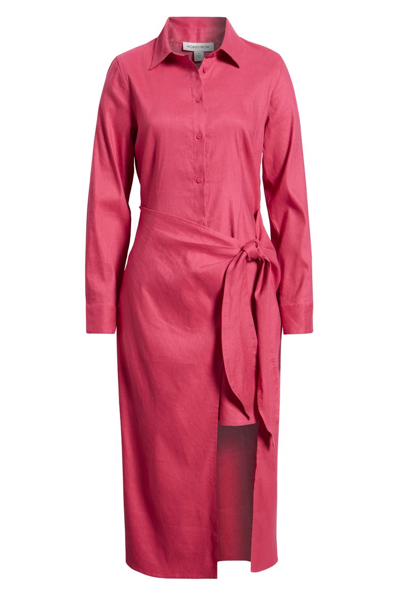 Long Sleeve Stretch Linen Blend Faux Wrap Shirtdress, Alternate, color, PINK CARMINE