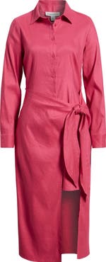 Nordstrom Long Sleeve Stretch Linen Blend Faux Wrap Shirtdress