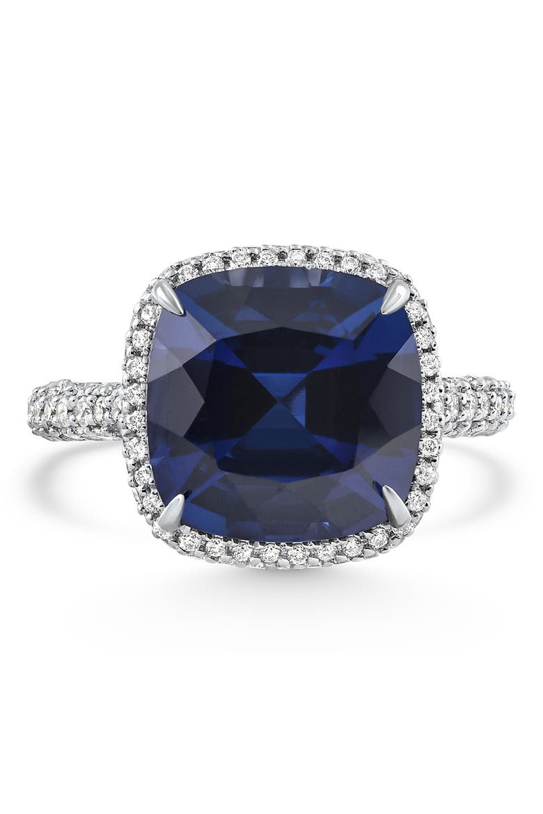 8.50Ct TW Cushion Blue Sapphire & pave Diamond Ring 14k Gold Lab Grown, Main, color, 14k White Gold