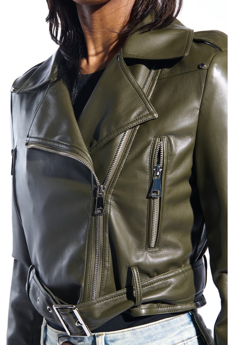Faux Leather Crop Moto Jacket, Alternate, color, OLIVE
