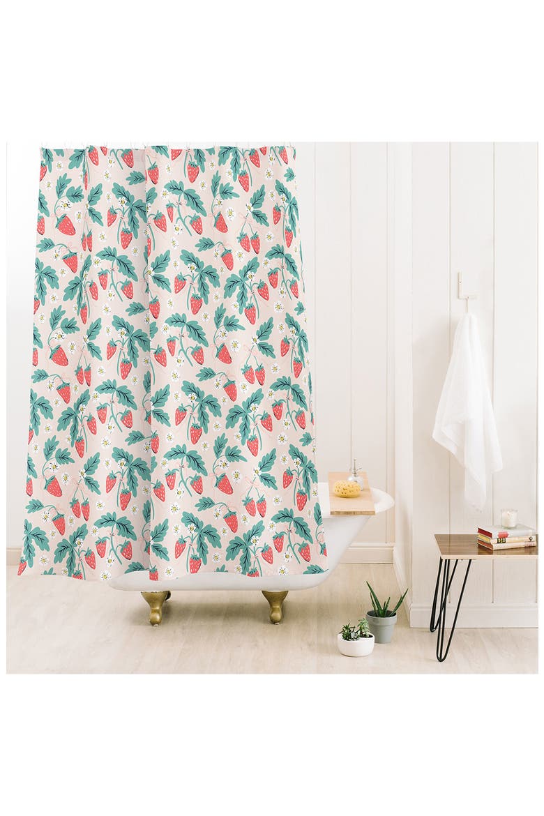 Strawberry & Flower Print Shower Curtain, Alternate, color, GREEN
