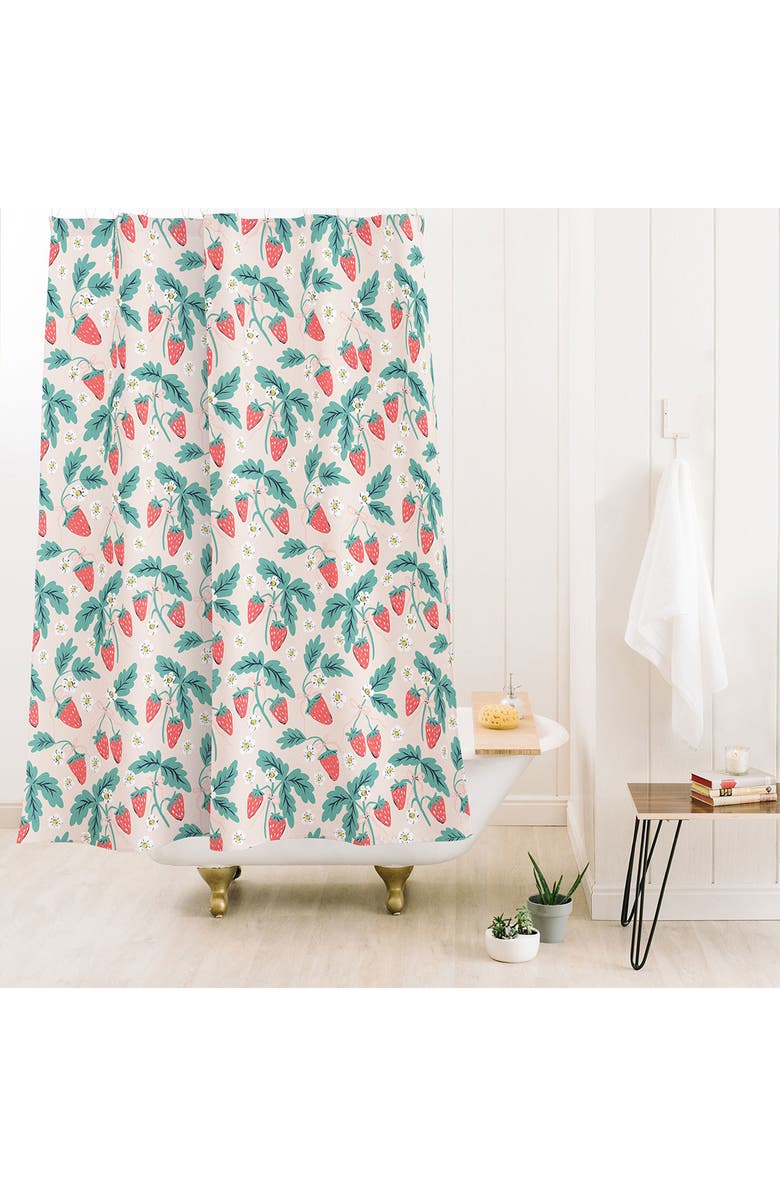 Deny Designs Strawberry & Flower Print Shower Curtain, Alternate, color, Green